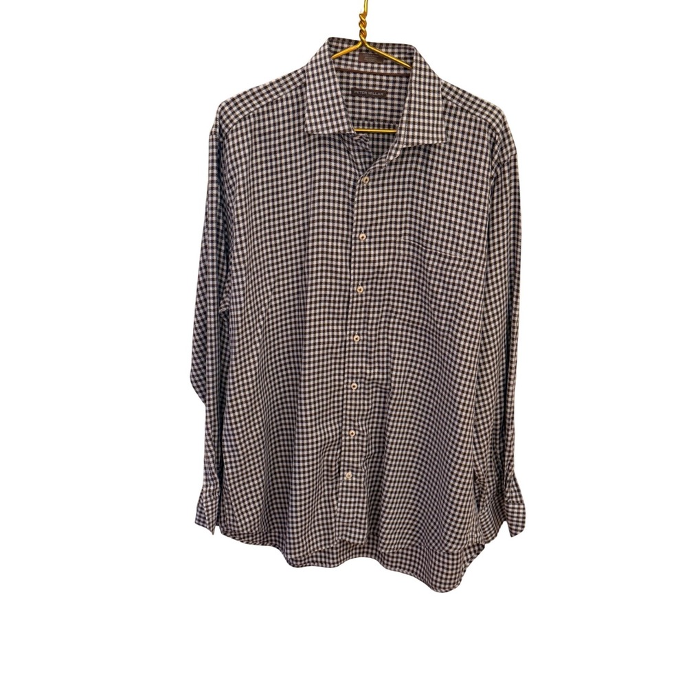 Peter Millar Mens XL Brown Gingham Check Button Down Shirt Long Sleeve Cotton